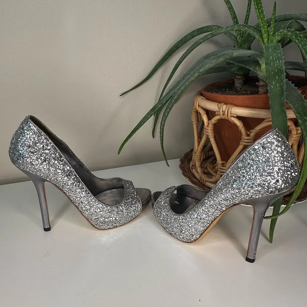 ✨ Miu Miu Silver Glitter Peep-Toe Heels 36.5 (US 6.5) Designer Party Shoes Italy - Picture 4 of 13